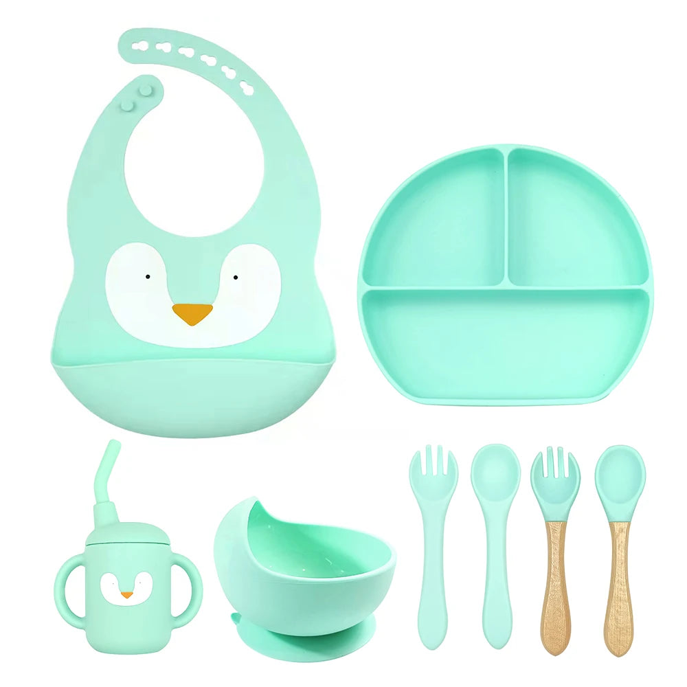 8pc Bebe Silicone Feeding Set Toddler Weaning Set Suction Bottom Infant Dining Tableware