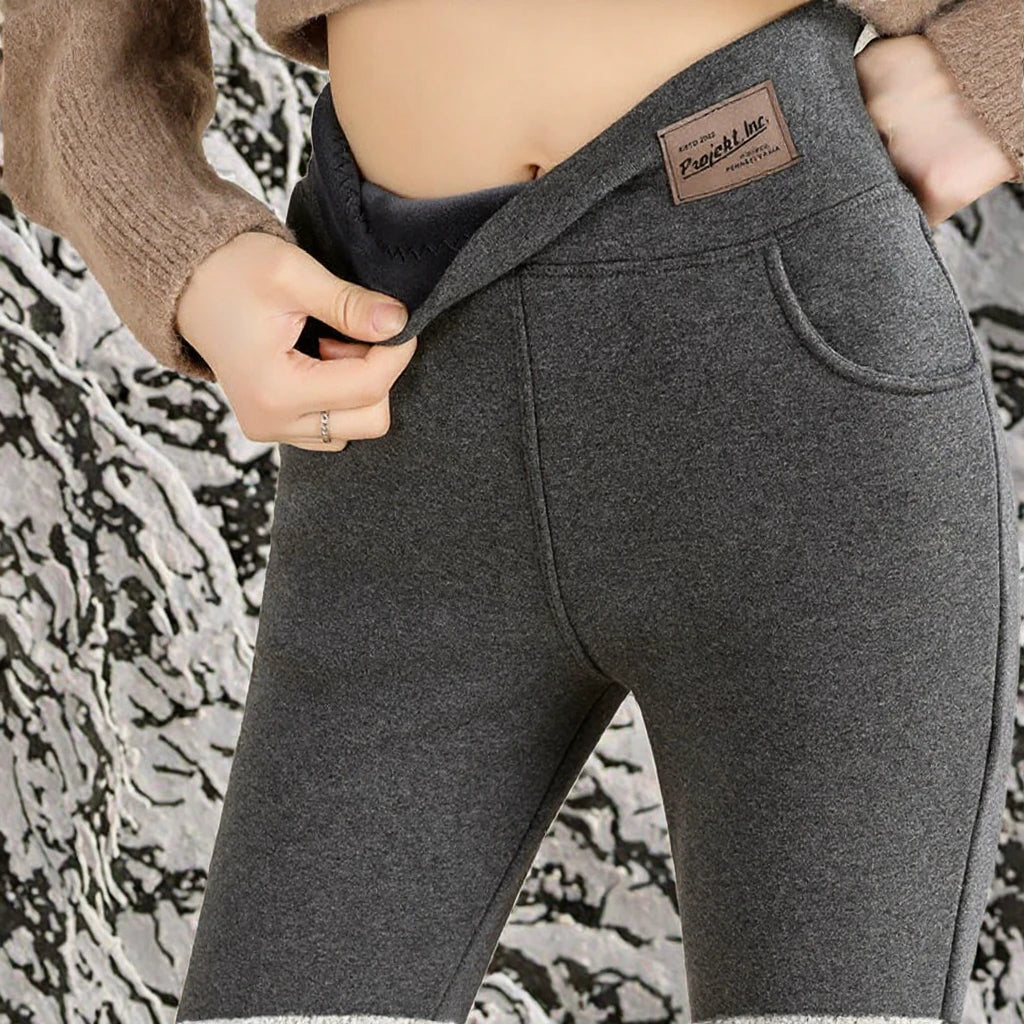 Casual Winter Warm Fleece Leggings Breathable Seamless Knitted Fabric Pockets Thick