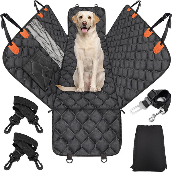Diamond Quilted Waterproof Dog Car Seat Cover Hammock Kit With Seatbelt Tether Storage