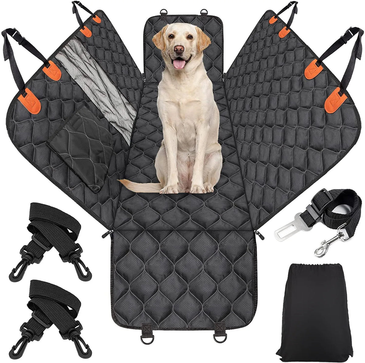 Diamond Quilted Waterproof Dog Car Seat Cover Hammock Kit With Seatbelt Tether Storage