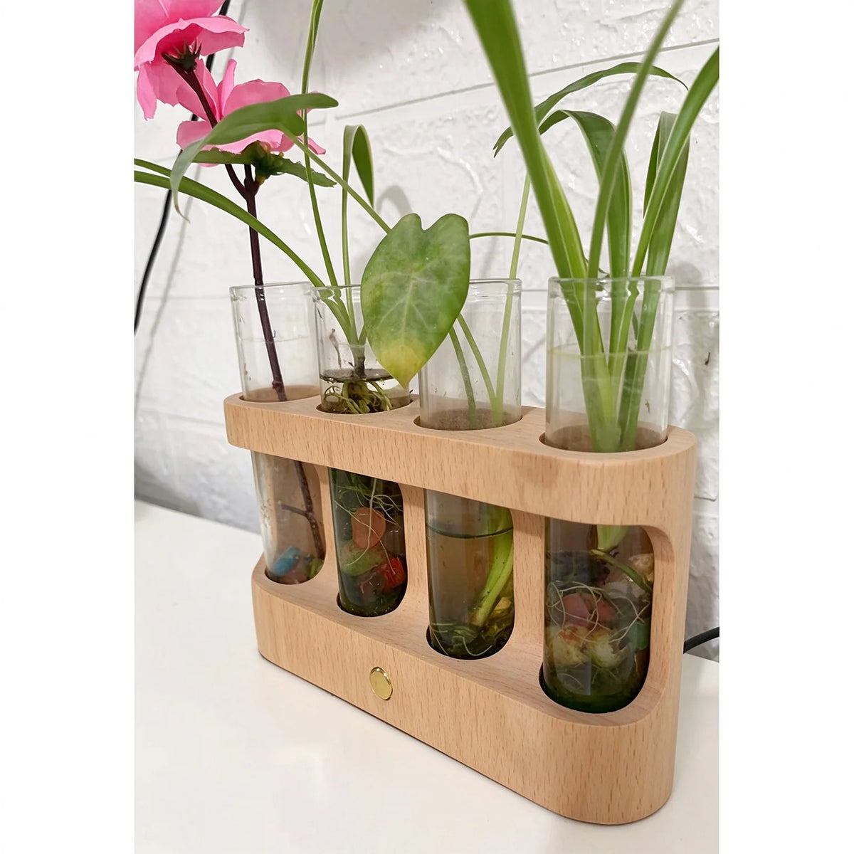 Wooden Hydroponic Planter with LED Light 4 Glass Test Tube Vase Desktop Plant Propagation