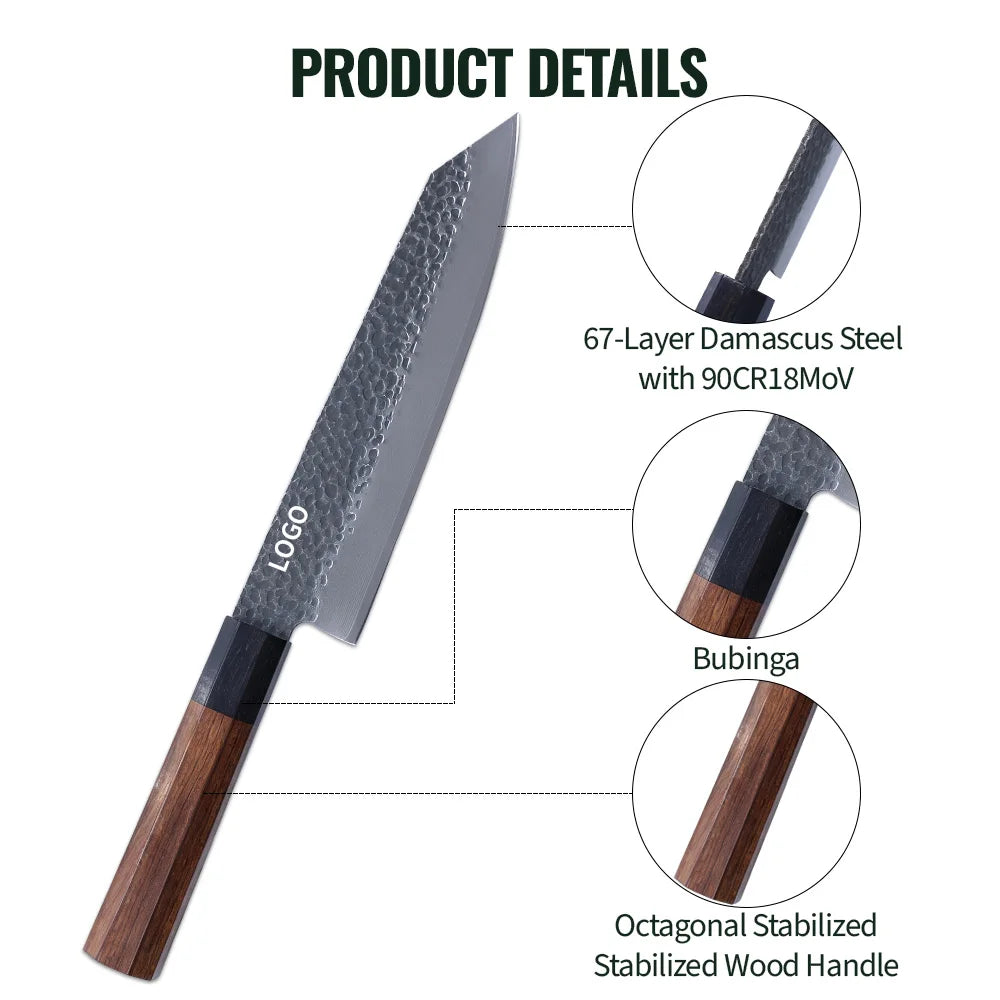 Bubinga Wood Handle Hammered Texture Kitchen Knife Custom 67 Layer Damascus Kitchen