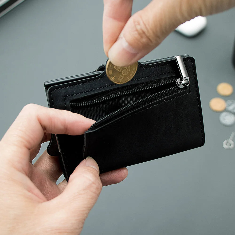 Aluminum Pop Up Card Holder Men PU Leather Minimalist Wallet with Zipper Pocket Credit