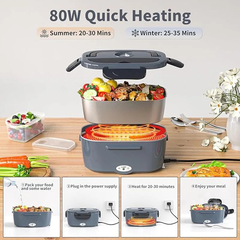 Stainless Steel Double Layer Food Heater Car and Home Use Electric Lunch Box With Handbag