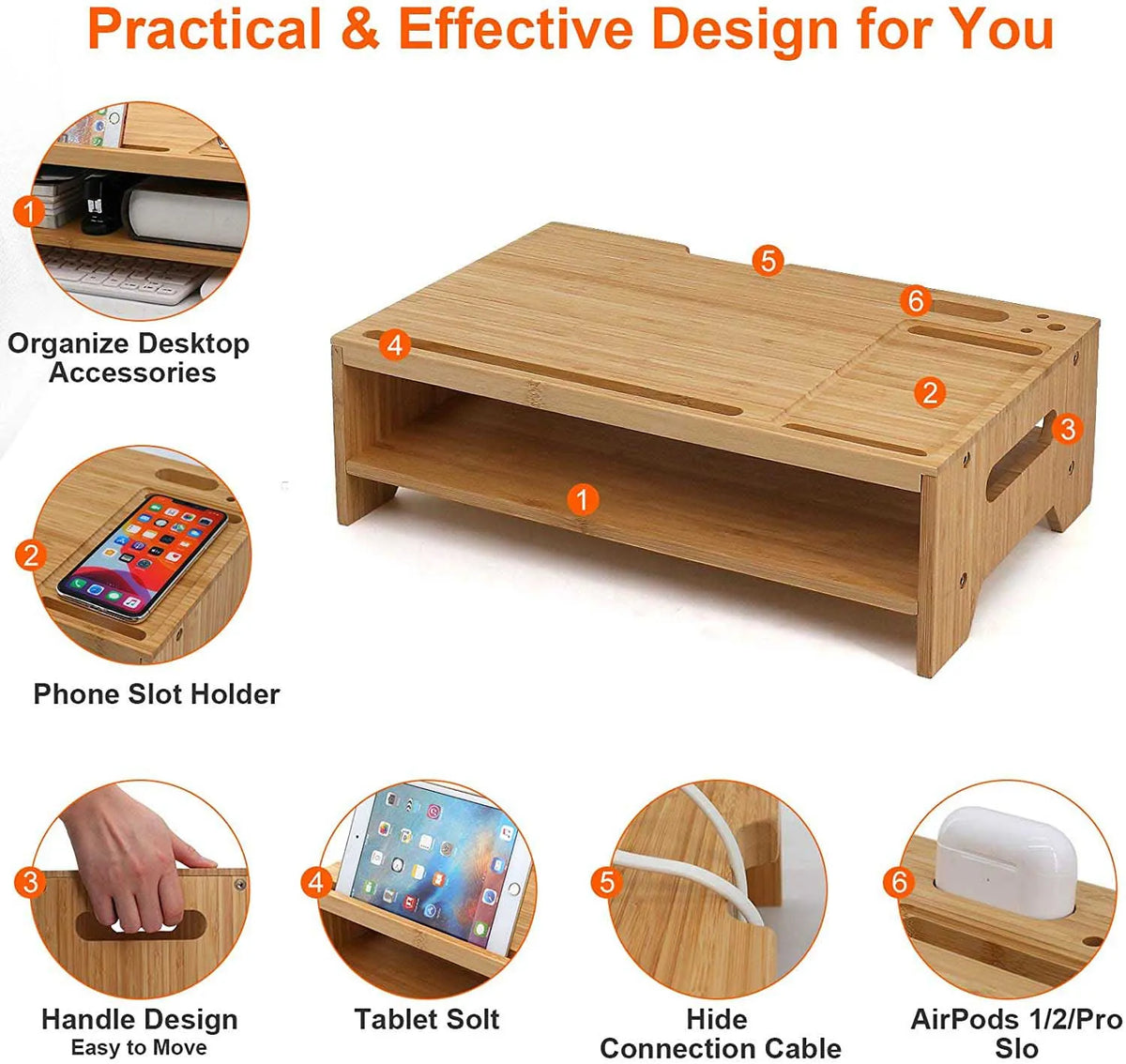 Portable 2-Tier Adjustable Laptop Stand Solid Wood Double Monitor Stand with Riser Wood