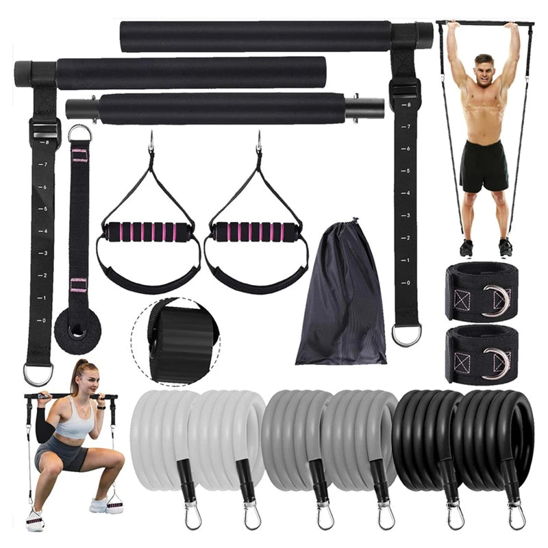Home Gym Workout Equipment 3-Section Pilates Bar Kit with Resistance Bands Stackable
