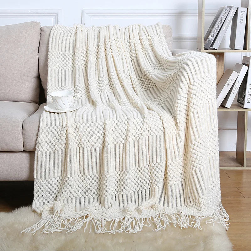 Chunky Knitted Blanket Sofa Throw Blanket With Tassels Weighted Blanket for Winter