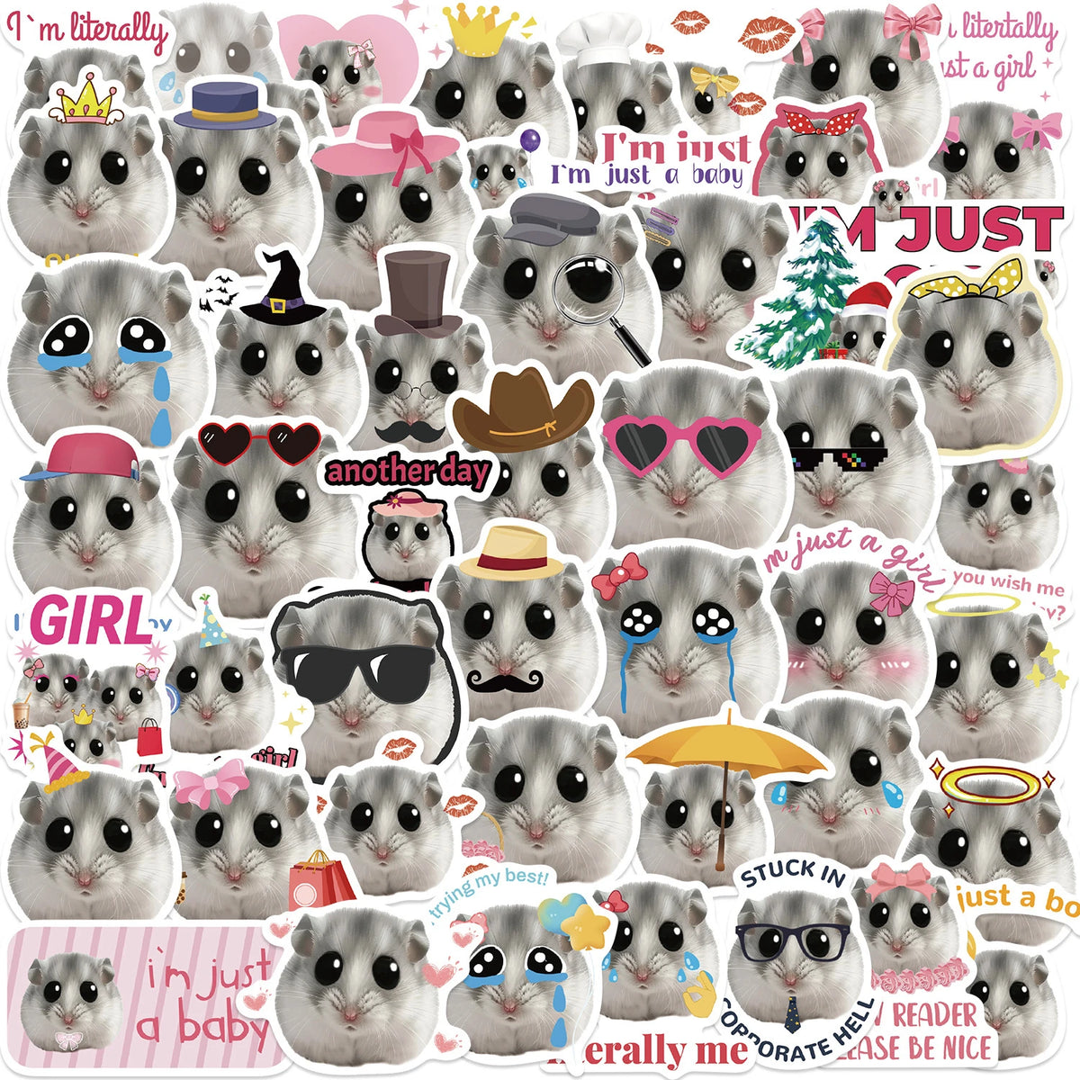 50Pcs Funny Cute Hamster Meme Theme DIY Graffiti Stickers PVC Waterproof Self Adhesive (Pack of 2)