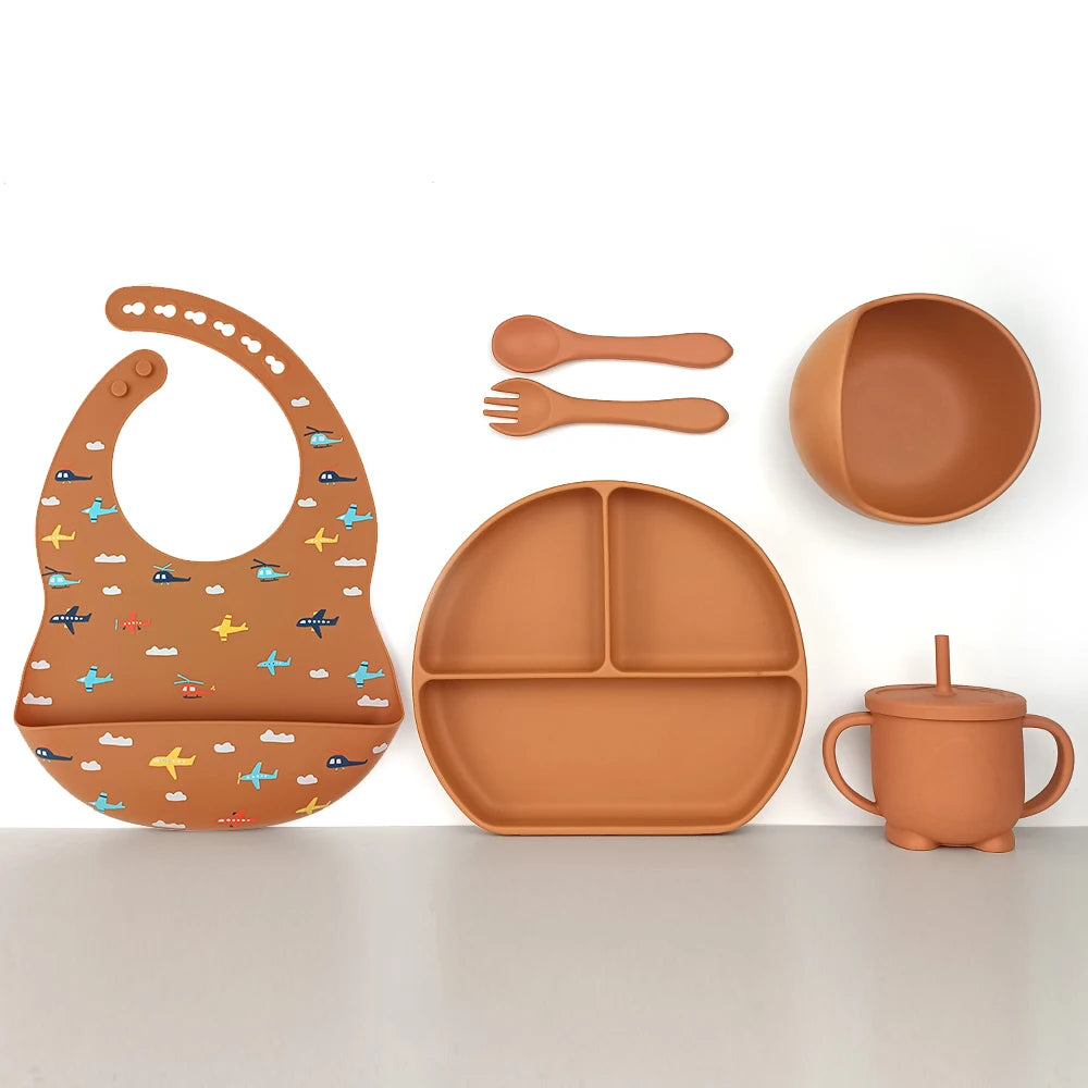 8pc Bebe Silicone Feeding Set Toddler Weaning Set Suction Bottom Infant Dining Tableware