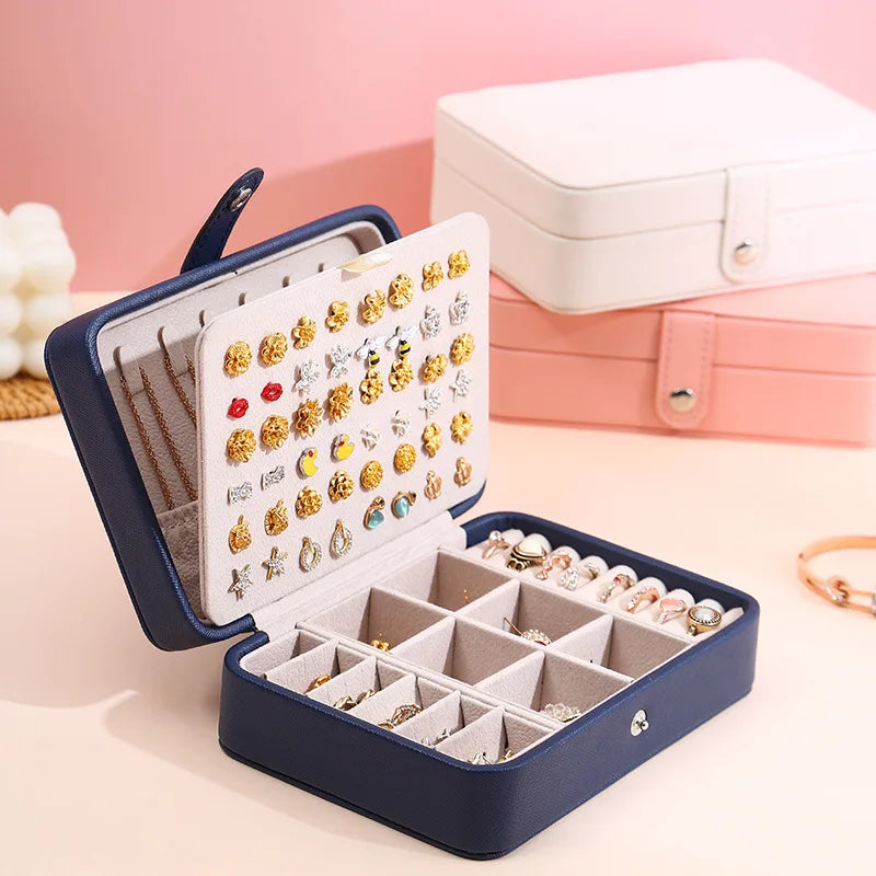 Portable Travel Square Leather Jewelry Box Storage Organizer with Earring Holder Display