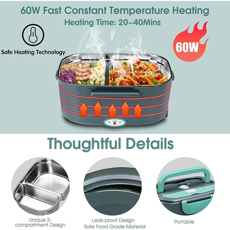 110V/12V 60W-80W Portable Electric Lunch Box 60W-80W Food Warmer with Removable Stainless