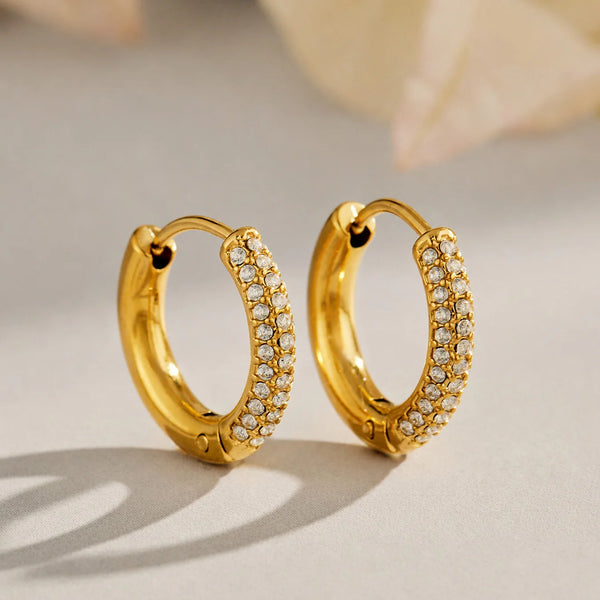 316L Stainless Steel Paved Cubic Zirconia Huggie Hoop Earrings 18k Pvd Gold Plated