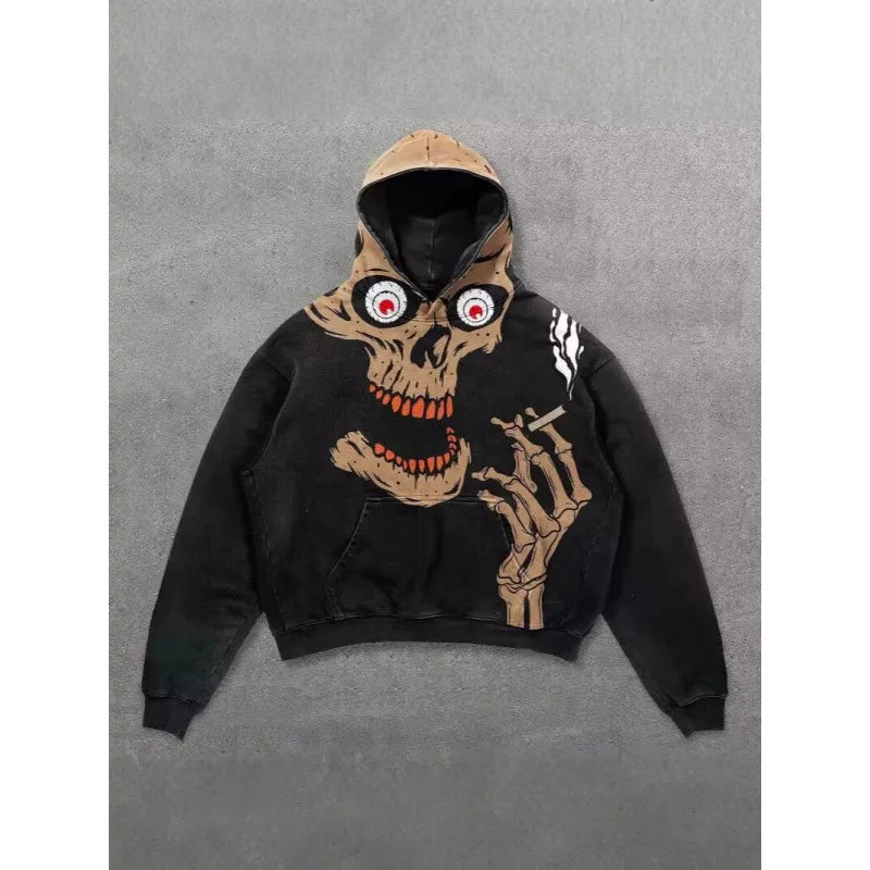 Custom Streetwear Skeleton Fire Print Vintage Washed Men'S Hoodies Sweatshirts Gothic