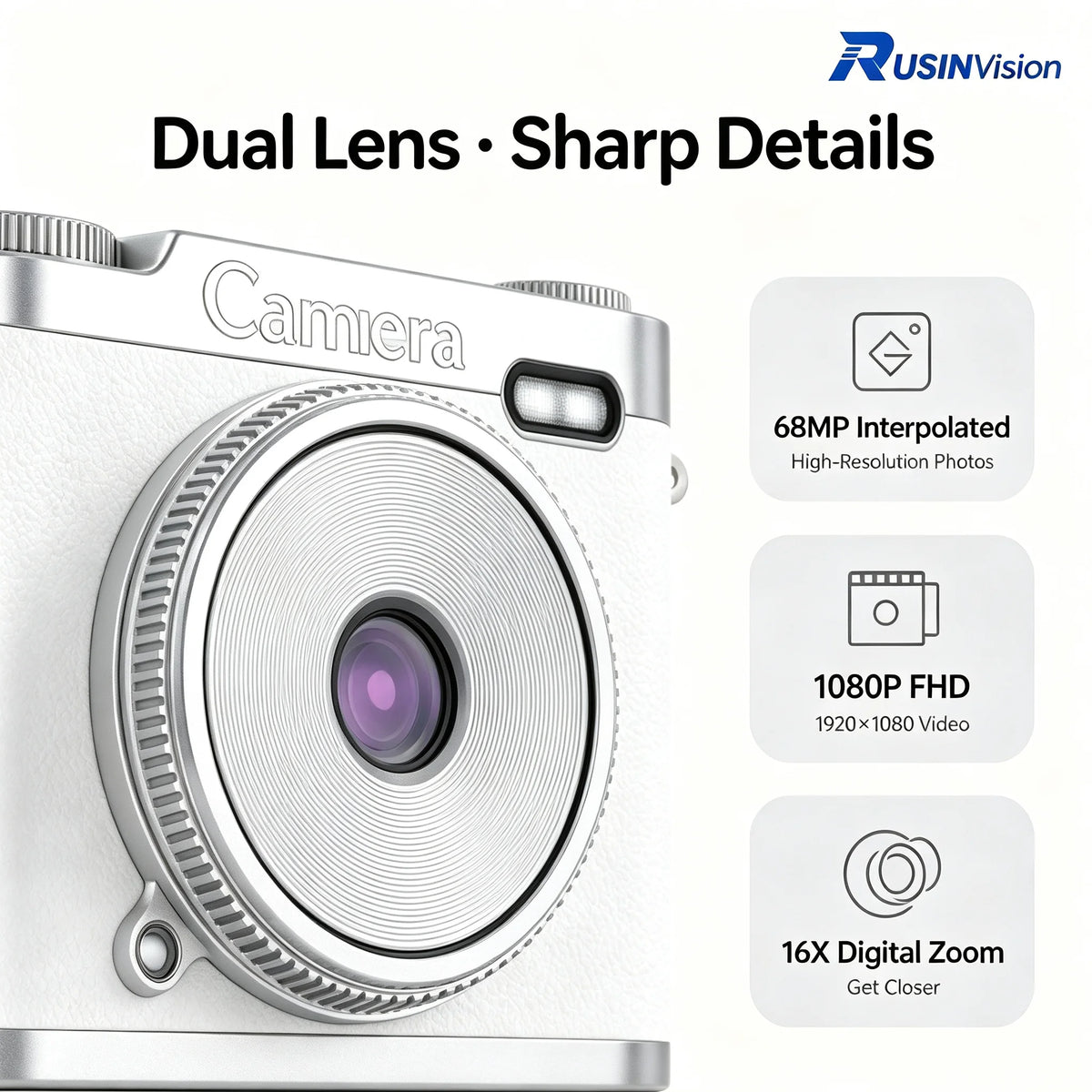 RusinVision HT-SR02 Retro Kids Digital Camera 68MP Dual Lens 1080P 16X Zoom 2.4 LCD