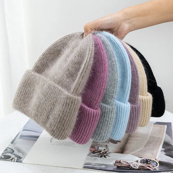 Knit Beanie Hat Real Angora Rabbit Fur Slouchy Skull Cap Winter Warm Stocking Hats