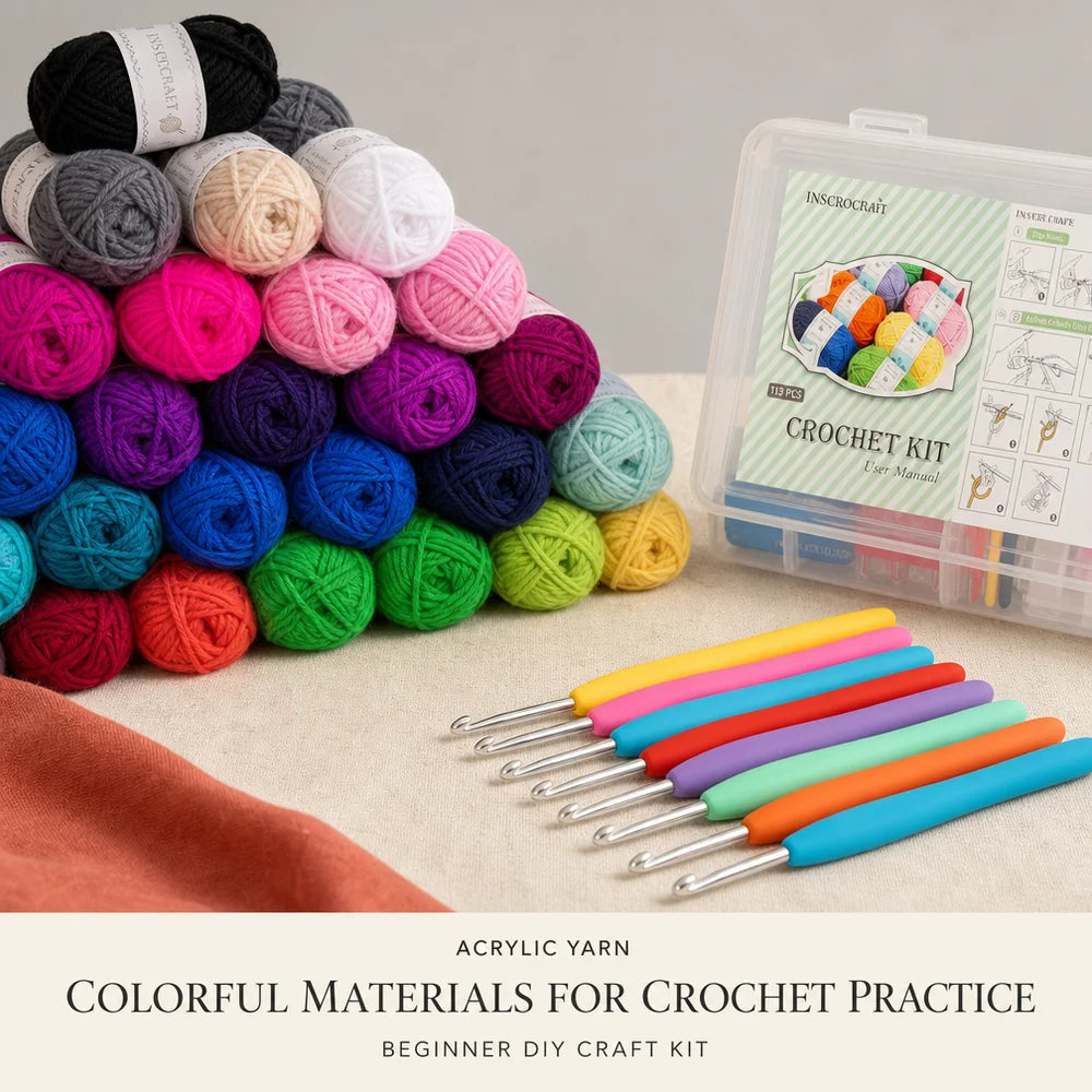 113Pcs Crochet Kit Yarn Knitting Material Set DIY Handcraft Supplies with Hooks Tools