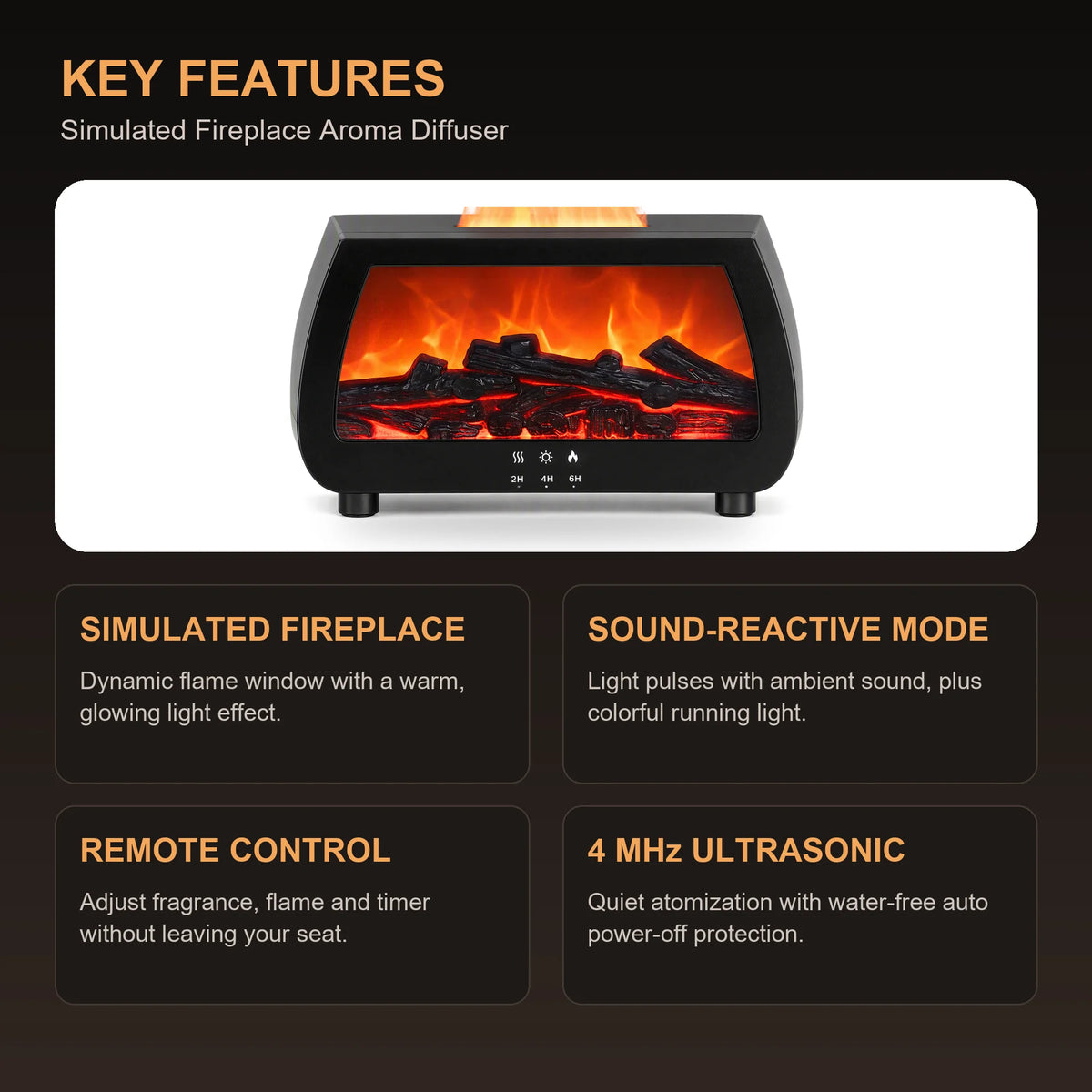 Simulated Fireplace Aroma Diffuser Ultrasonic 200ml Flame Light Air Humidifier Remote