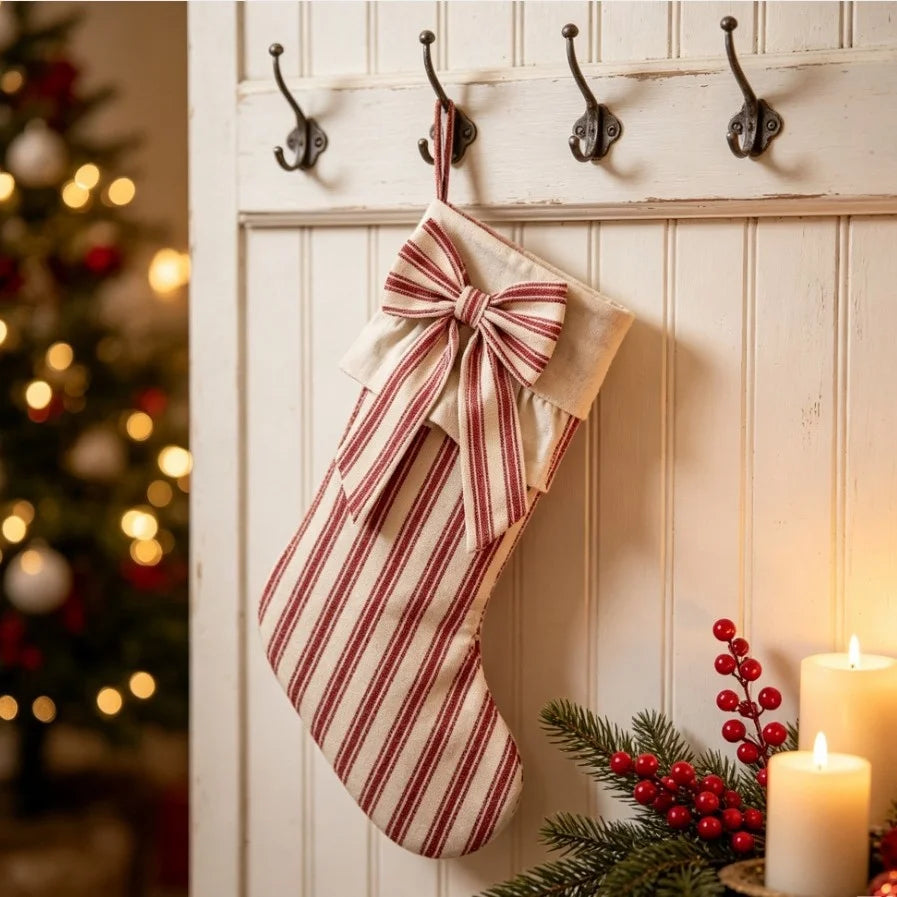 Retro Bow-Knot Christmas Stocking Three-Piece Set Fabric Plaid Stripe Gift Bag Fireplace