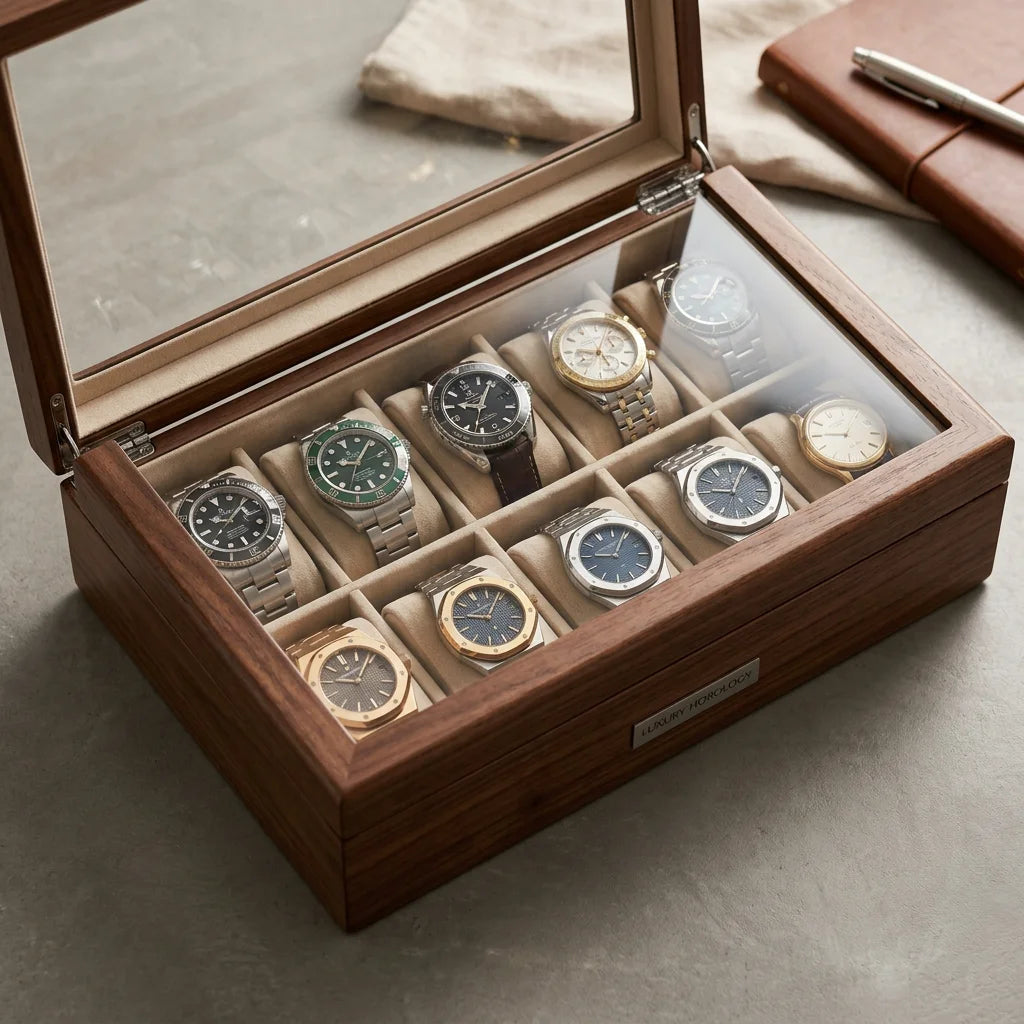 Modern Minimalist Oak Wood Desktop Organizer Box with Removable Dividers