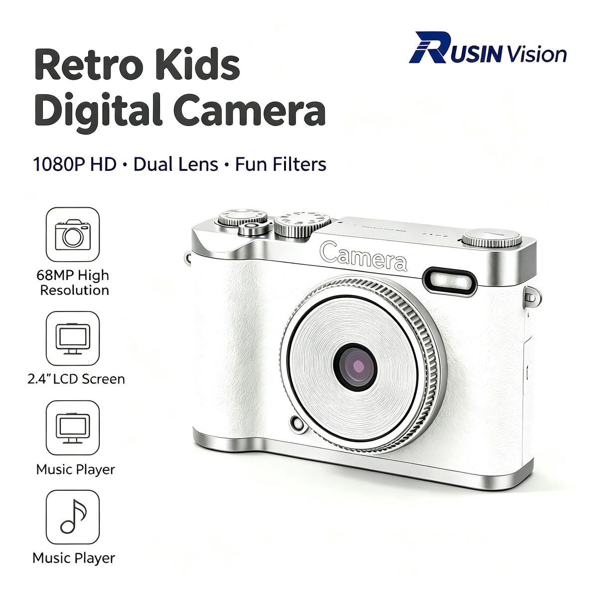 RusinVision HT-SR02 Retro Kids Digital Camera 68MP Dual Lens 1080P 16X Zoom 2.4 LCD