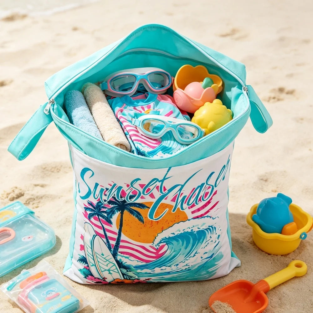 Printed Waterproof Wet Dry Bag Soft Polyester Zipper Storage Pouch for Infant Beach
