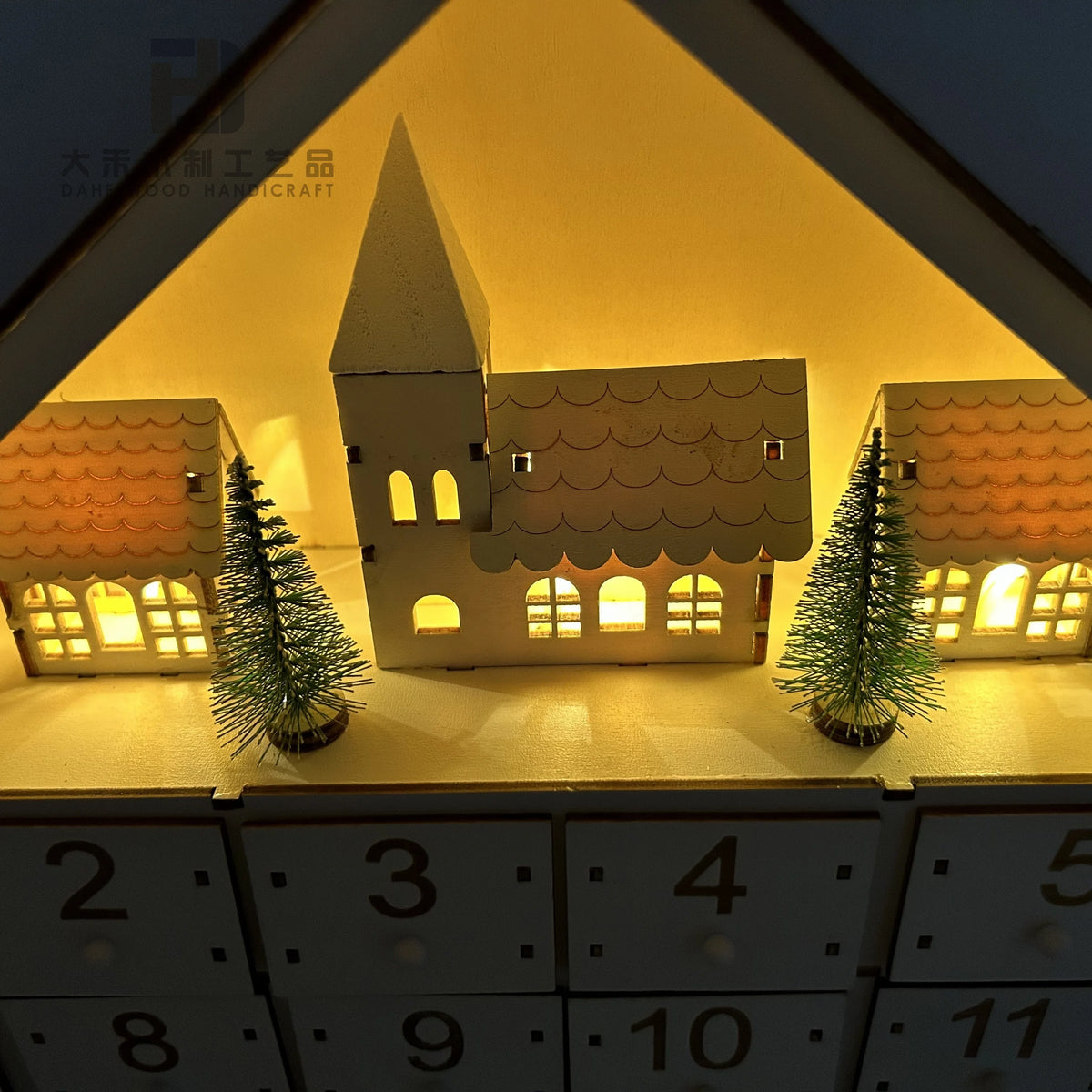 24 Day House Shaped Wooden Advent Calendar with 24 Drawer Box, Christmas Tree and LED