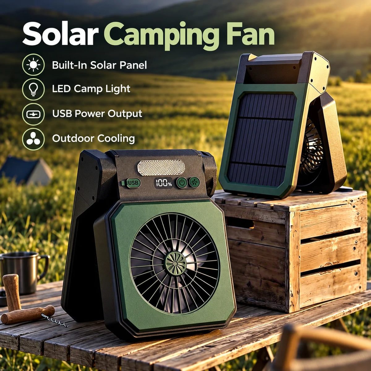 MoonlitGlow Custom Solar Rechargeable Camping Fan LED Light 3-Speed Control Dual-Core