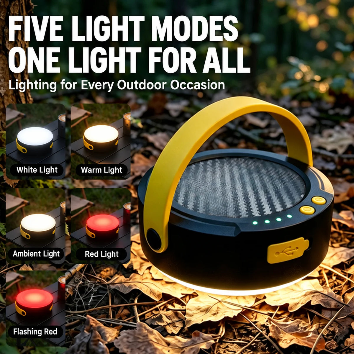 Solar Camping Lantern Type-C Rechargeable Waterproof IP67 Collapsible Tent Light