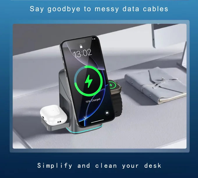 Qi2 Foldable Magnetic 3-in-1 15W Fast Wireless Charging Station for Mobile Phones,