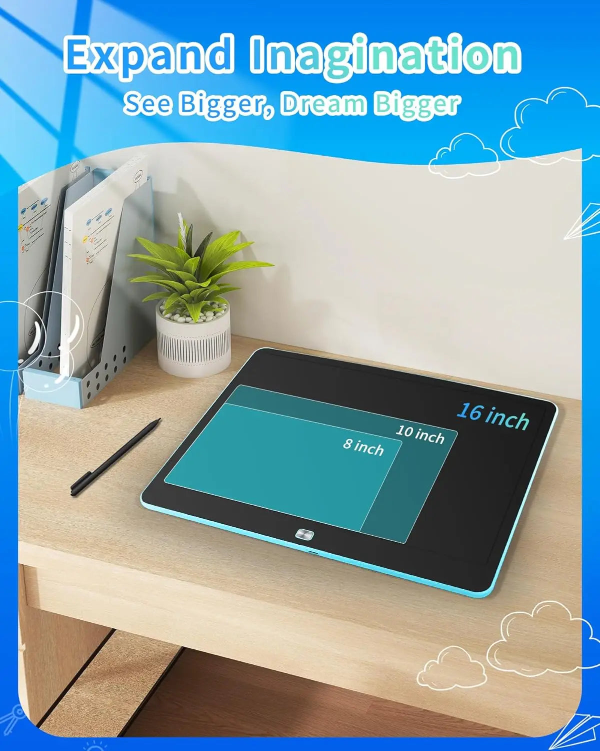 Rechargeable 16-Inch LCD Writing Tablet for Kids-Erasable Memo Pads Customizable 1 Year