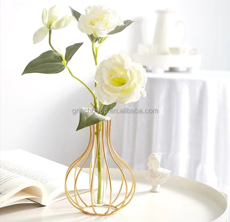 Glass Metal Gold Hydroponic Flower Glass Vase Plant Propagation Station With Tray