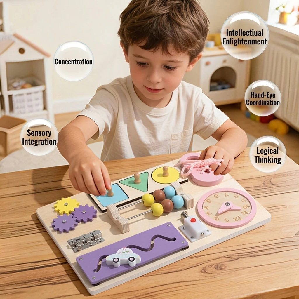 Qiaike Baby Wooden Busy Board Montessori Toys DIY Wood Accessories Sensory Activity