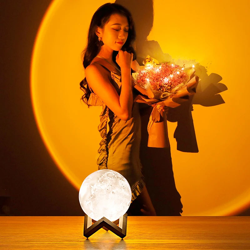 Mini Sunset Projection 3D Moon Lamp PVC USB Rechargeable Dimmable LED Night Light Bedroom