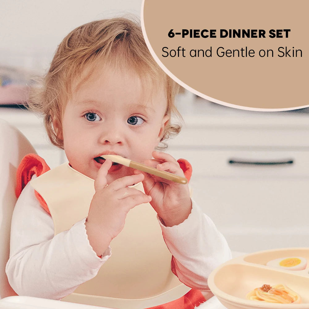 10 Soft Silicone Baby Feeding Equipment Set Spoon Fork Printed Pattern Comfortable