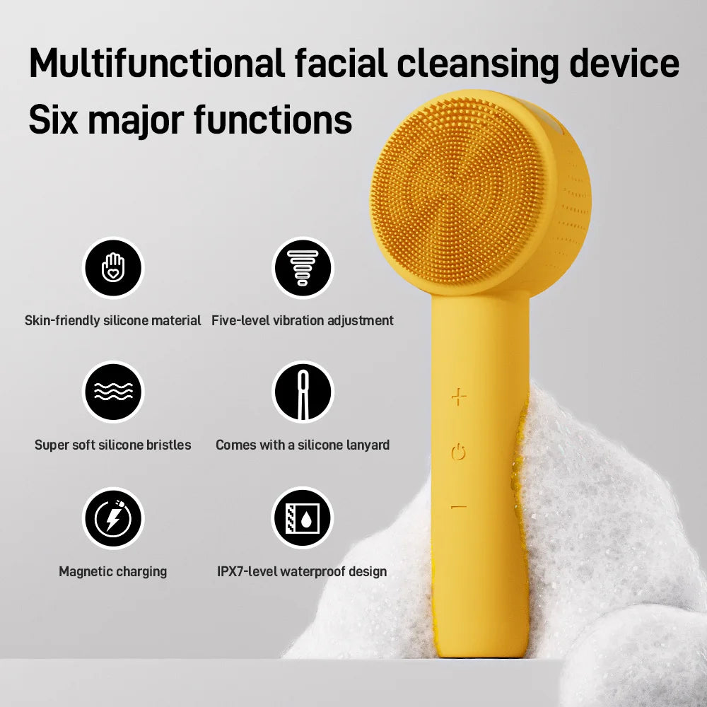 Heated Electric Soft Silicone Facial Cleansing Brush Handheld Double Side Face Scrubber