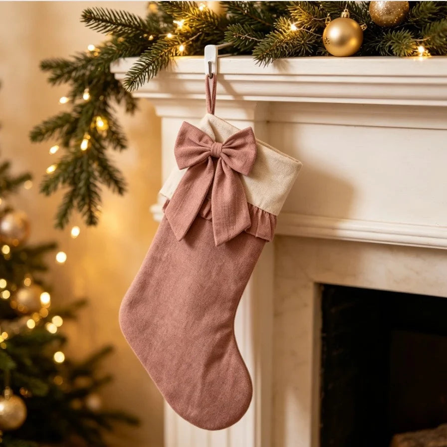 Retro Bow-Knot Christmas Stocking Three-Piece Set Fabric Plaid Stripe Gift Bag Fireplace