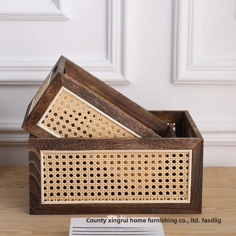 Japanese-Style Solid Wood Rattan Storage Basket Desktop Organizer CDs Stationery Books