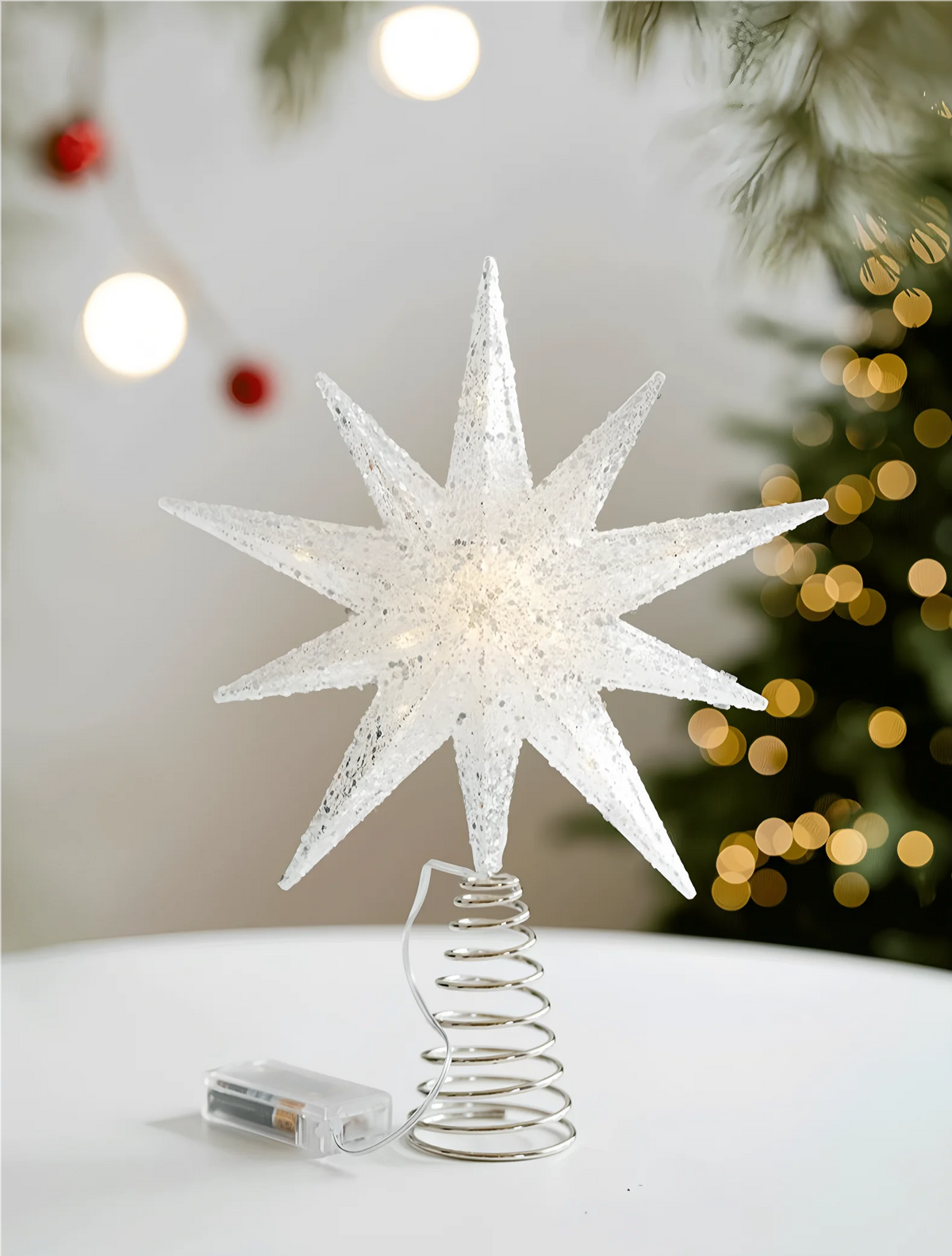 Glowing Christmas Tree Toppers LED Light Up Glitter Gold Silver 10-Point Star Treetop