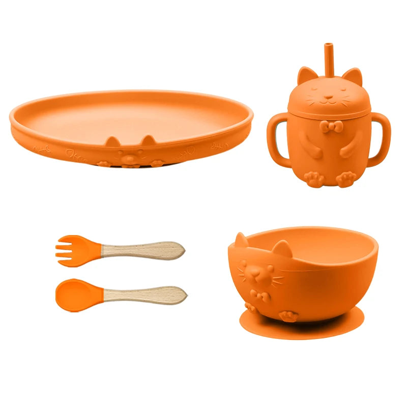 Food Grade Silicone Baby Feeding Set With Cup Bowl Plate Bib Spoon and Fork Easy Clean