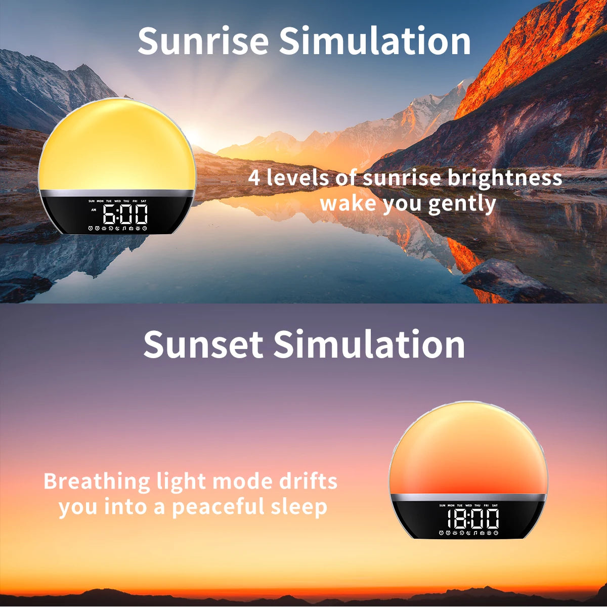 Snooze Colored Light Sunrise Wake Up Alarm Clock Wake-Up Light with Radio