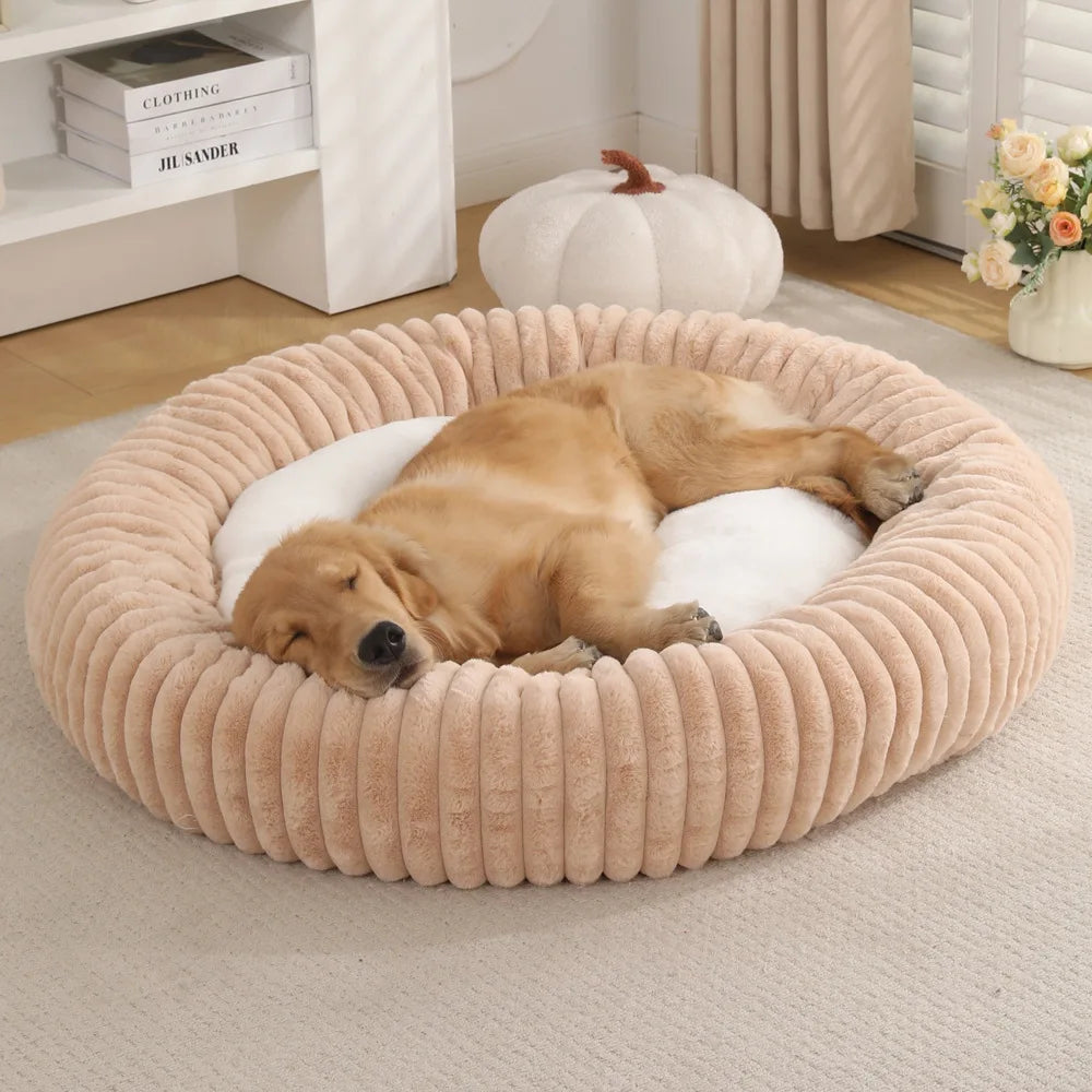 Plush Ribbed Round Solid Pattern Dog Bed Calming Donut Pet Cushion in Box/Carton