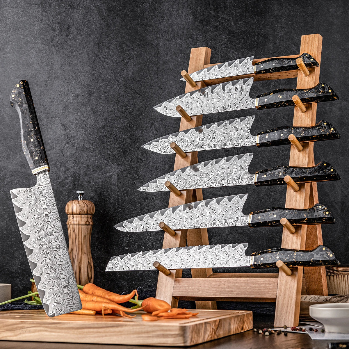 Modern 7 Pcs Damascus Steel Knife Sets Japanese High Carbon Kitchen Chef Kiritsuke