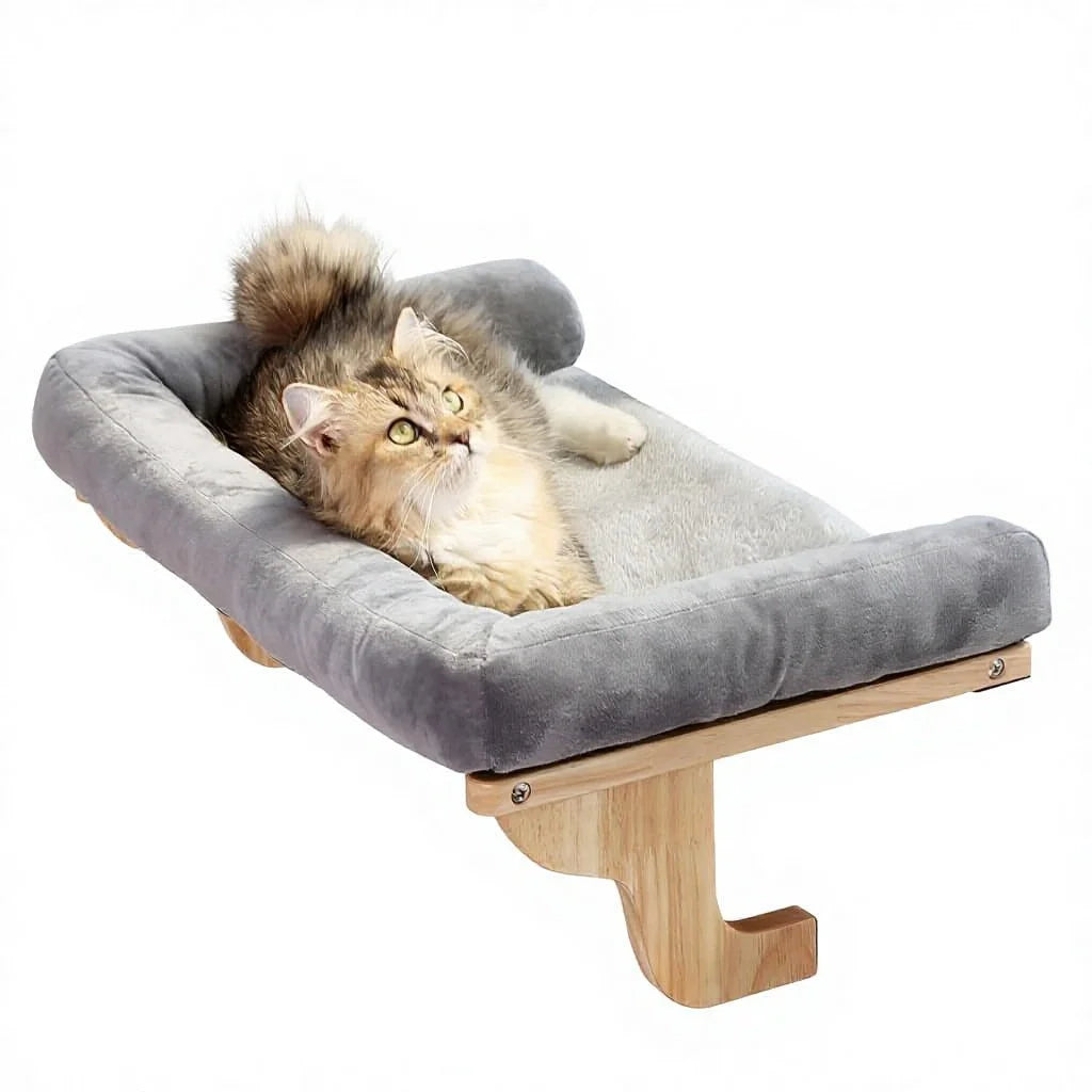 Cat Perch for Windowsill with Bolsters Machine Washable Hook-On Mount Hardwood & Metal