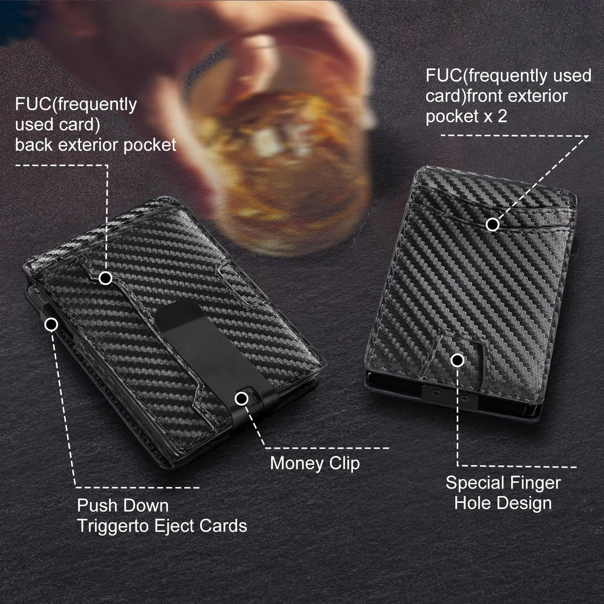 Minimalist Carbon Fiber Leather Card Holder Wallet with Metal Money Clip Slim Metal