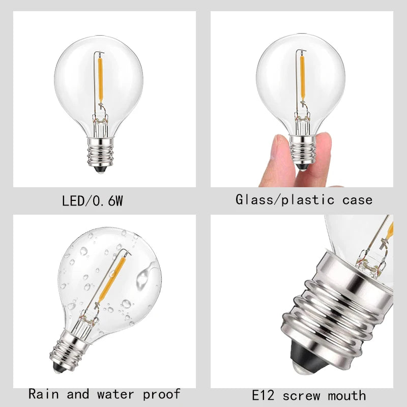 Solar G40 String Light 20ft Outdoor Waterproof Led Decorative Lights 20ft Christmas 12+1