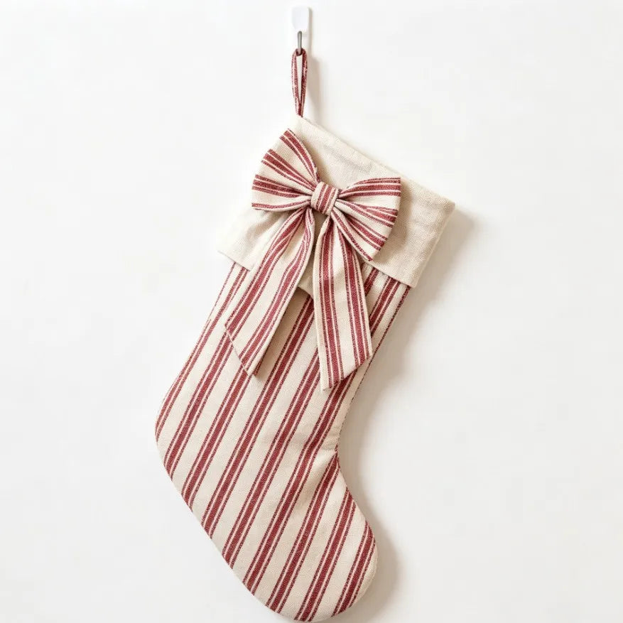 Retro Bow-Knot Christmas Stocking Three-Piece Set Fabric Plaid Stripe Gift Bag Fireplace