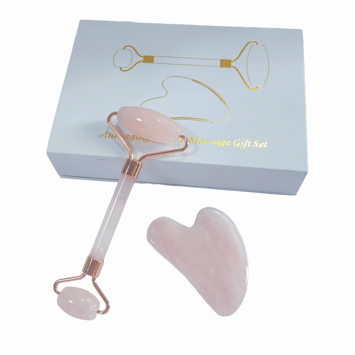 Rose Quartz Jade Massage Roller & Gua Sha Board Set with Box