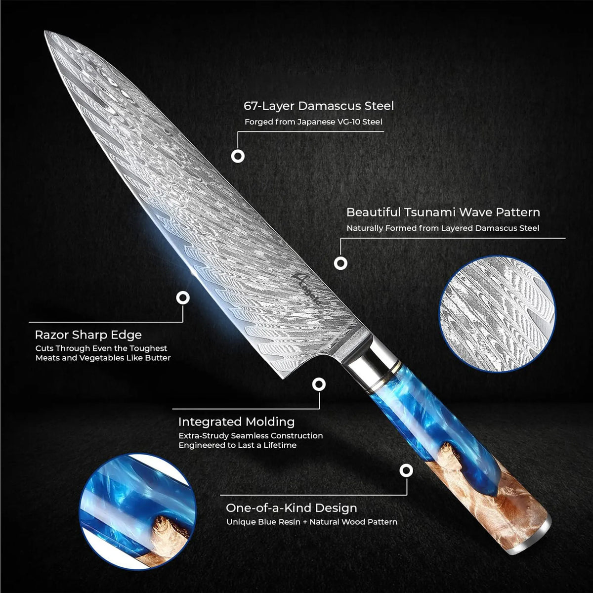 Damascus Steel VG10 Blue Resin Wood Handle 7 Piece Kitchen Chef Bread Santoku Knives