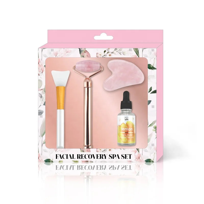 Crystal Rose Quartz Jade Roller Gua Sha Packaging Organic Skincare Set With Box