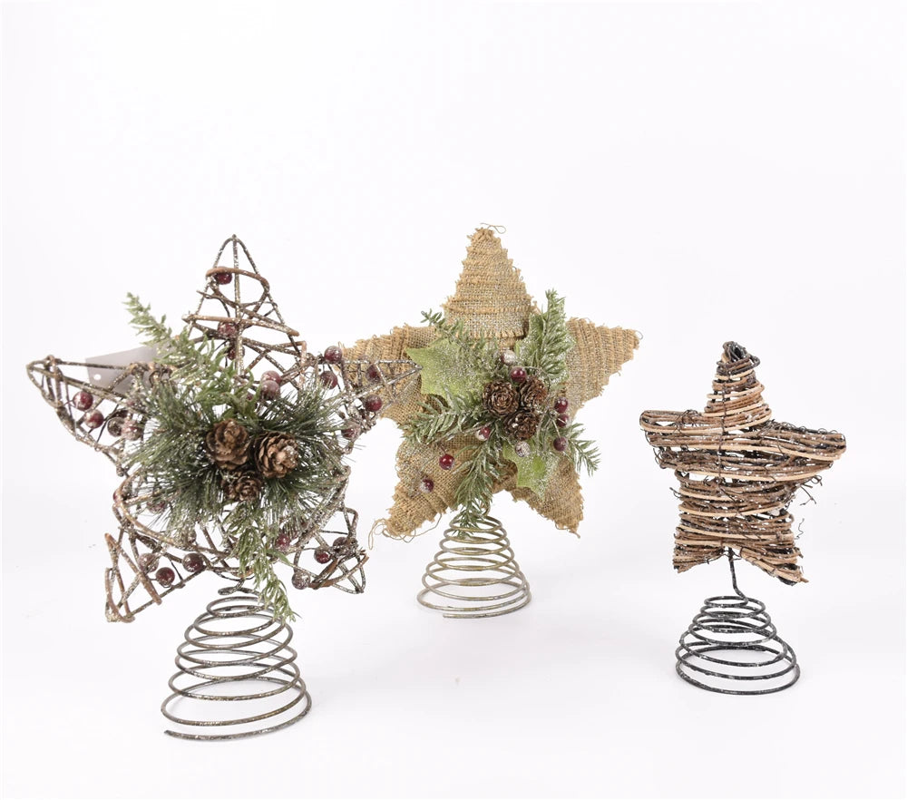 GY BSCI Christmas Decoration Metal Wire Brown Hanging Rattan LED Lights Decorated Star